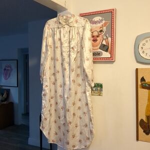 💕 Vintage Long Night Gown Satin Floral Embroidered Lace Cottagecore Sz Medium